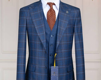 3 Piece Checked, Navy Blue Men's Suit Single Breasted Peak Lapel, Men's Suit, Blazer,Vest,Pants