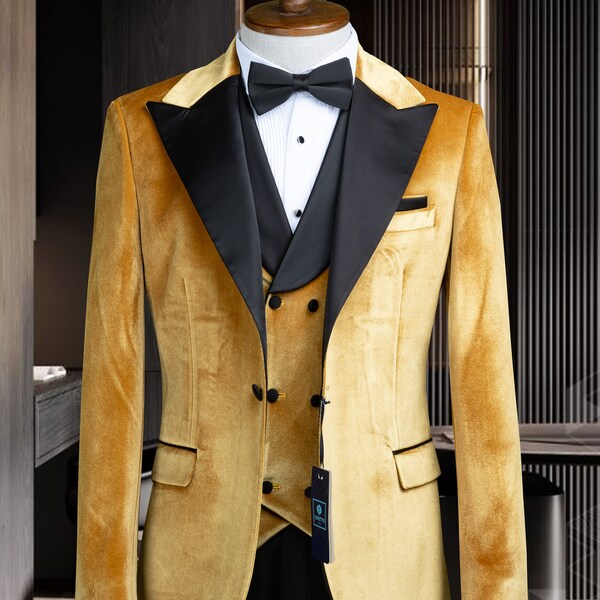 Gold Velvet Three Piece, Peak Lapel Men’s Groom Suit, Yellow Men's Velvet Tuxedo, Velvet Mens Tuxedo Coat With, Men Slim Fit Wedding Suit,