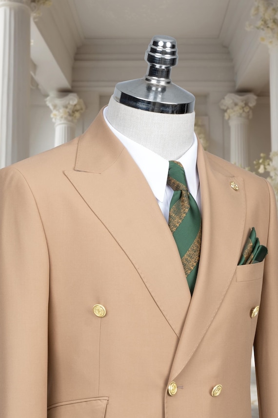 Beige Wool Double Breasted Men's Suit: Slim Fit, Peak Lapel
