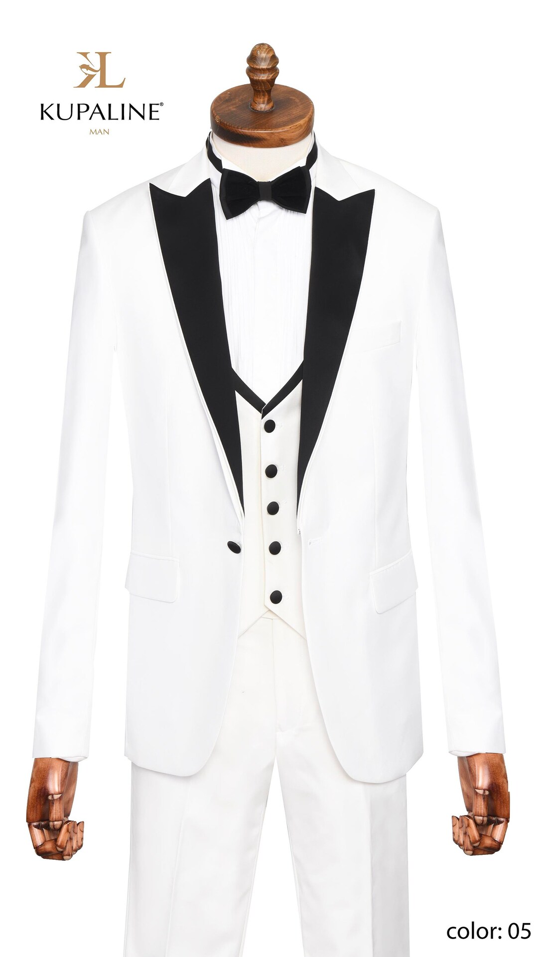 Statement Men's White with Black Peak Lapel Vested 100% Wool Tuxedo main image 1