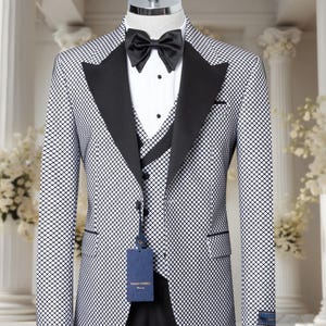White Plaid Velvet Men's 3 Piece Groom Suit, Wedding Suit, Party Suit, Wedding Dinner Suit, Wedding Attire for Groom, Slim Fit Velvet Tuxedo