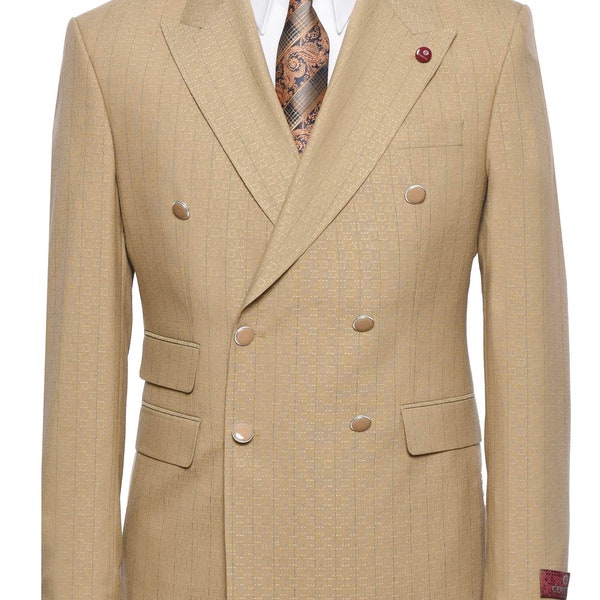 Double Breasted Men’s Suit, Beige Color Wool Material Peak Lapel, Flap Pocket, Slim Fit Men Suit , Jacket & Pants