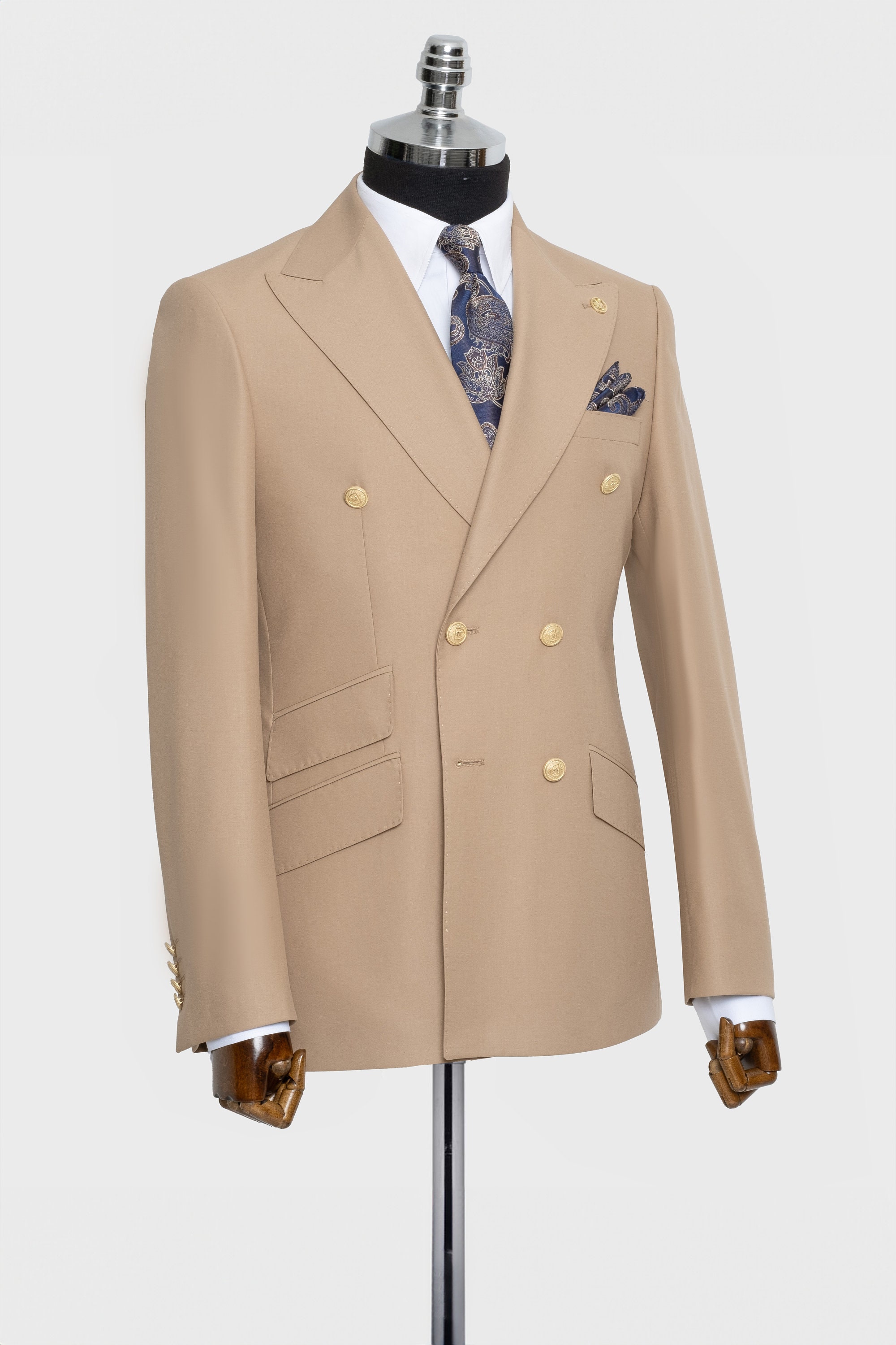 Mens Classic Wool Feel Double Breasted Suit in Beige main image 1