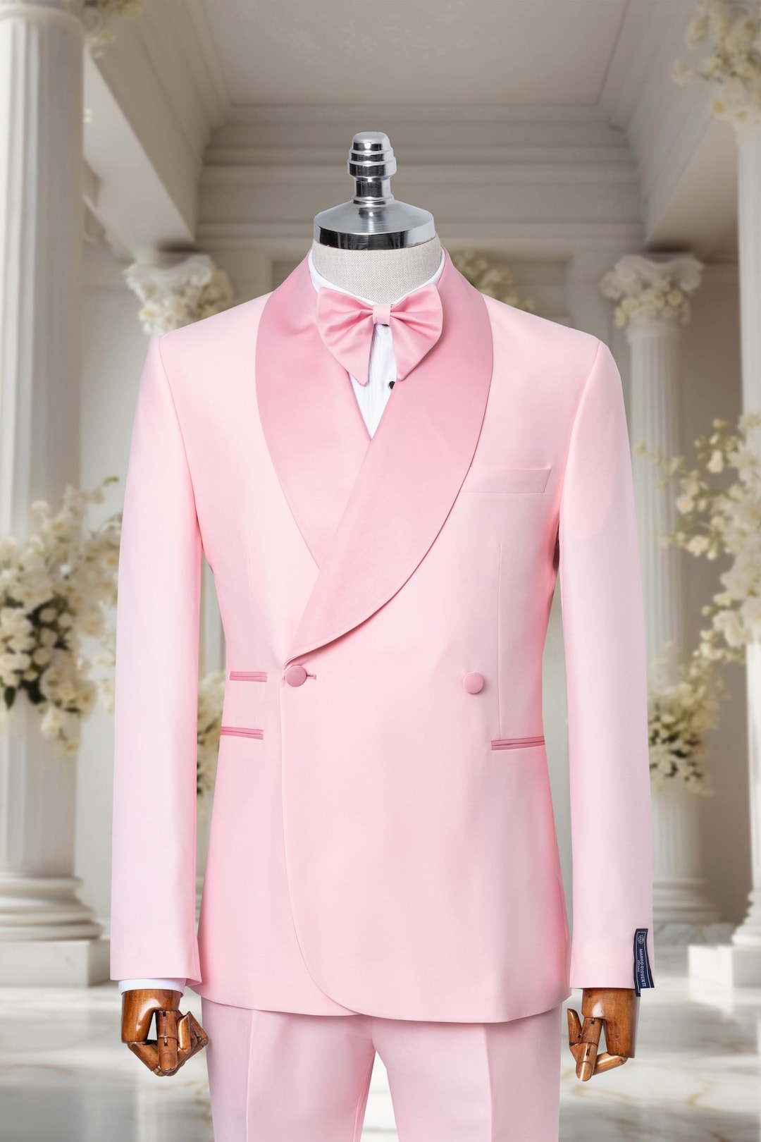 Mens Wool Vested Wide Contrast Peak Wedding Tuxedo in Black - Pink main image 0