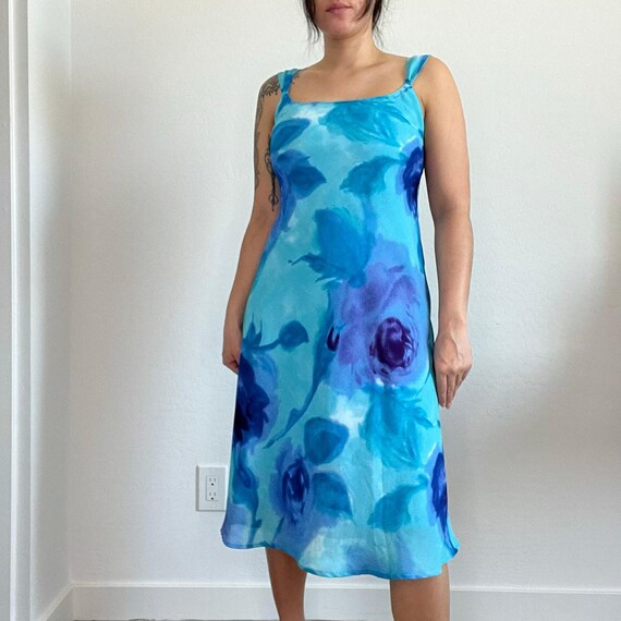 Megan Elisse Blue Watercolor Floral Slip Dress Sz 5 Y2k 90s Midi Made in USA