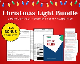 Puede incluir: Un paquete de negocios de instalación de luces navideñas con un gráfico de estrella amarilla que dice "Plus Bonus Templates". El paquete incluye un contrato de dos páginas, un formulario de estimación y archivos de deslizamiento. Los archivos de deslizamiento están en una carpeta azul y verde con el texto "Swipe Files" en la parte delantera.