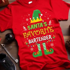 Santa&#39;s Favorite Bartender Christmas Shirt Elf Bartender Gift Tee Holiday T-shirt