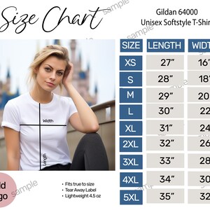 Gildan 64000 Size Chart, 64000 T-Shirt Mockup, Unisex Size Chart, Gildan Cotton T-Shirt, Female Model Mockup, Mockup, Simple Size Chart