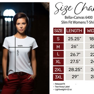 Bella canvas 6400 Size Chart | Bella Canvas 6400 Size Guide | Bella Canvas 6400 Mockup Chart | Women&#39;s Premium Tee | Bella 6400 Mock Up