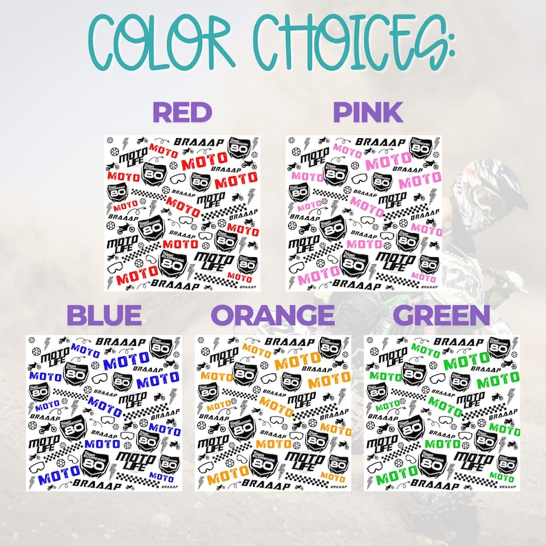 Peut inclure: Une feuille de conception num&eacute;rique avec 10 options de couleurs diff&eacute;rentes pour un imprim&eacute; de tissu sur le th&egrave;me du motocross. L'imprim&eacute; pr&eacute;sente les mots "Moto Life", "Braaap" et "Moto" r&eacute;p&eacute;t&eacute;s dans un motif noir et blanc. Les options de couleurs sont le rouge, le rose, le bleu, l'orange et le vert.
