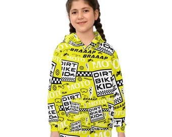 Sudadera con capucha juvenil Yellow Dirt Bike Kid, sudadera con capucha juvenil Dirtbike, sudadera con capucha de motocross