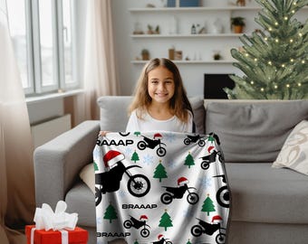 Motocross Christmas Blanket - Velveteen Microfiber Throw, Holiday Bedroom Decor, Dirtbike Christmas Blanket, Dirt Bike Xmas Gift, Motocross