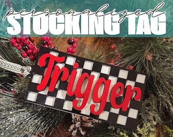 Personalized Checkered Stocking Tag, Custom Name Tag, Stocking Tag, Checkered Decor, Checkered Christmas Decor, Christmas Stocking Name Tag