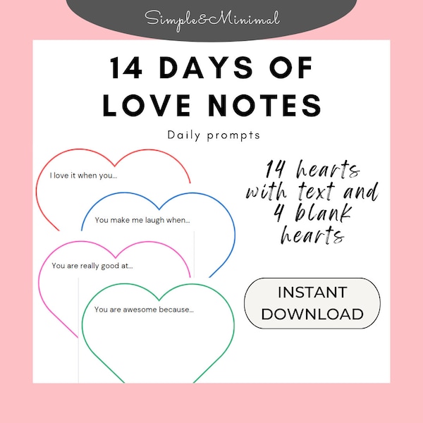 14 Days of Love Notes, Valentine's Day countdown for kids, Digital Download printable, Valentine's Day family tradition