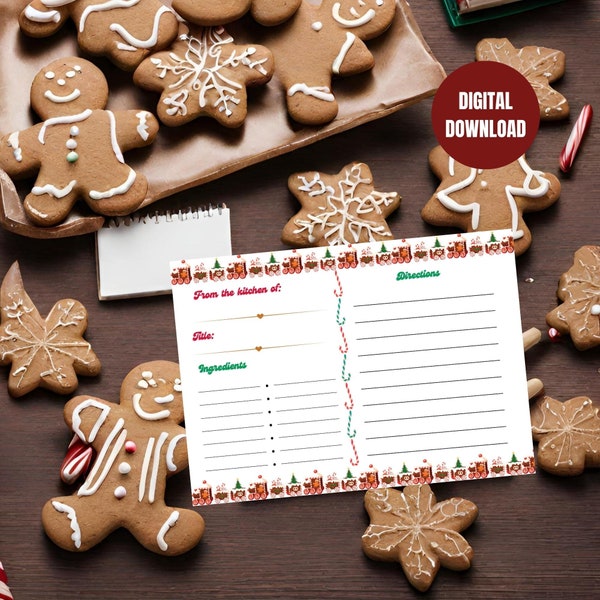 Christmas Recipe Cards, Set of 4 Printable Recipe Cards, Gingerbread Recipe Cards, Candycane Recipe Card, Recipe Exchange Party Cards