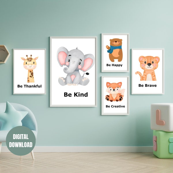 Neutral nursery decor, Set of 5 animal posters, Printable wall art, Safari theme, Kids Bedroom, Playroom motivational decor, Baby gift ideas