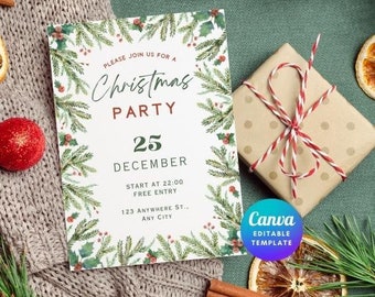May include: A Christmas party invitation with a festive design, featuring text and a decorative border of green branches and red berries. A wrapped gift with red and white twine sits nearby. The invitation includes the date, time, and location.