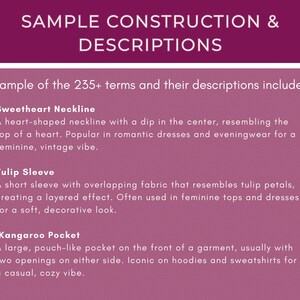 Puede incluir: Un gr&aacute;fico rosa y blanco con texto que dice "SAMPLE CONSTRUCTION & DESCRIPTIONS". Una muestra de los 235+ t&eacute;rminos y sus descripciones incluidas: Escote de coraz&oacute;n, Manga de tulip&aacute;n, Bolsillo canguro.