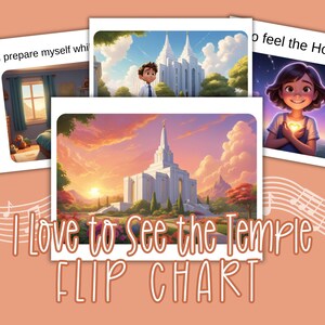 Op de afbeelding: Een flip-chart met de tekst "I Love to See the Temple" en "Flip Chart". De kaart bevat illustraties van een tempel, een jongen en een meisje. De achtergrond is perzikkleurig met muzieknoten.