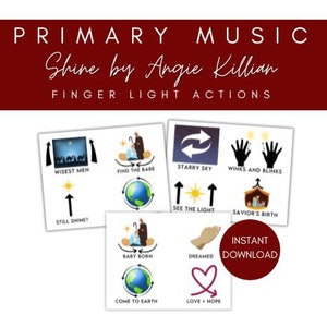 May include: A set of printable cards with illustrations and instructions for finger light actions. The cards feature images of a star, a baby, a manger, and more. The text on the cards includes "Wise Men", "Find the Babe", "Still Shine", "Starry Sky", "Winks and Blinks", "See the Light", "Savior's Birth", "Baby Born", "Come to Earth", "Dreamed", "Love + Hope", and "Instant Download".