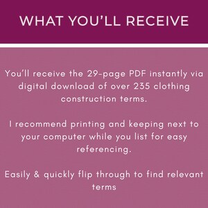 Puede incluir: Texto sobre un fondo rosa que dice "WHAT YOU'LL RECEIVE" y describe un PDF de 29 p&aacute;ginas con m&aacute;s de 235 t&eacute;rminos de construcci&oacute;n de ropa. El texto tambi&eacute;n recomienda imprimir el PDF y mantenerlo junto a tu computadora para facilitar la consulta.