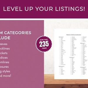 Puede incluir: Un gr&aacute;fico rosa y blanco con el texto "LEVEL UP YOUR LISTINGS!" y "TERM CATEGORIES INCLUDE" con una lista de t&eacute;rminos de ropa como "Sleeves", "Necklines", "Pockets", "Bodices", "Hemlines", "Closures", "Leg styles", y "And more!" Un c&iacute;rculo blanco con el texto "MORE THAN 235 TERMS" se encuentra en la esquina superior derecha de la imagen.