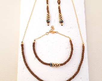 Macrame Jewelry Set with Apatite Stones and Gold Plated 925 Silver Marea Collection. Handmade Necklace, Earrings and Bracelet