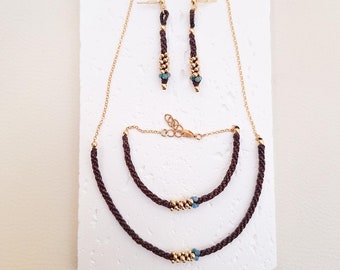 Macrame Jewelry Set with Apatite Stones and Gold Plated Sterling Silver Marea Collection. Handmade Necklace, Earrings and Bracelet