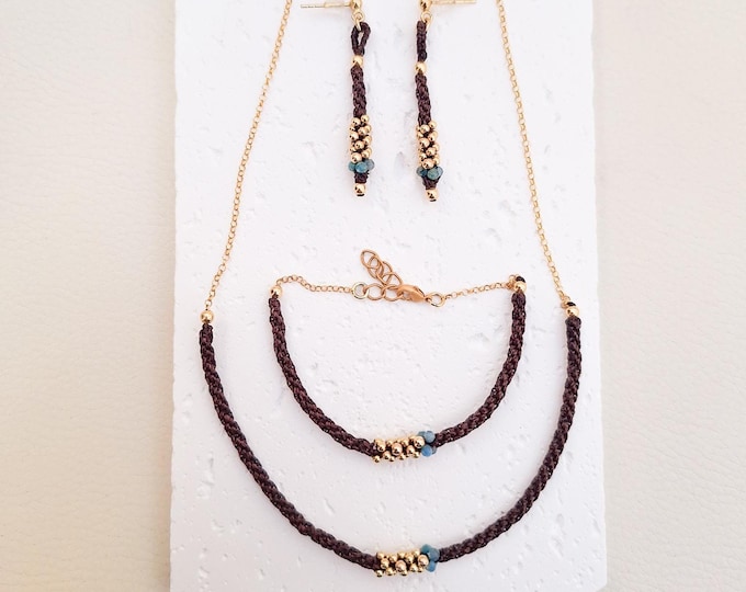 Featured listing image: Macrame Jewelry Set with Apatite Stones and Gold Plated Sterling Silver Marea Collection. Handmade Necklace, Earrings and Bracelet