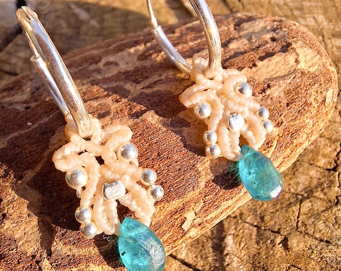 Featured listing image: Silver hoop earrings with apatite stone. Handmade macrame jewelry