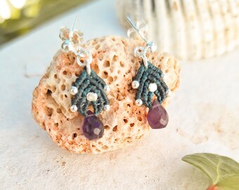 Macrame earrings with teardrop-shaped Amethyst stone and silver. Handcrafted and contemporary jewelry. Unique design earrings.