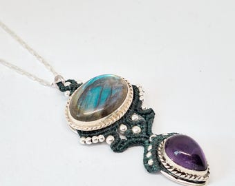 Silver pendant with Labradorite and Amethyst stones, woven in petrol green. Chandra one-of-a-kind piece ~Eclipse Collection~