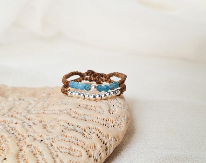 Featured listing image: Thin ring with Moonstone or blue Apatite. Double-band ring with small stones and silver beads. Macramé and natural stone jewelry.