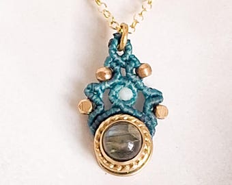 Necklace with round labradorite stone. Gold-plated brass pendant with small natural stone. Handmade blue minimalist jewelry.