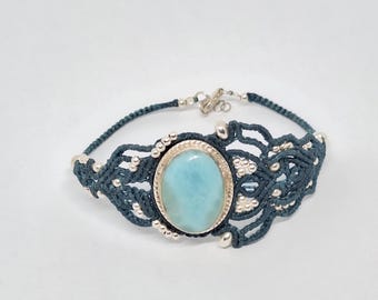 Silver bracelet with Larimar stone. Unique design in petrol blue.