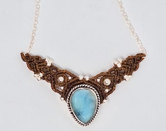 Choker necklace with Larimar in silver and brown waxed thread.