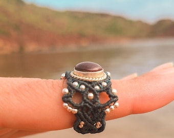 Macrame ring with Ruby Star stone and 925 silver.