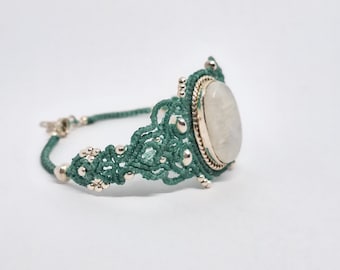 Turquoise silver bracelet with moonstone. Unique handcrafted jewelry.