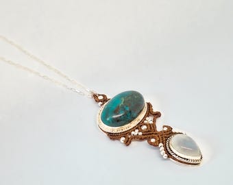 Silver pendant with Chrysocolla and Moonstone, woven in a toasted caramel color. Exclusive LUZ jewelry ~ECLIPSE Collection~