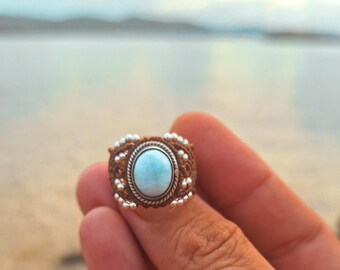 Macrame ring with Larimar stone and sterling silver.