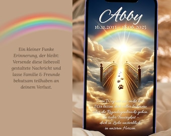 Tarjeta conmemorativa personalizada del Puente del Arcoíris para mascotas | Plantilla de Canva | Despedida digital para perros y gatos | Notificación de pérdida de mascota