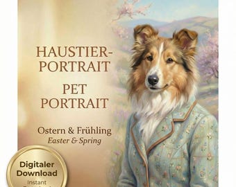 Retrato de mascota personalizado para Pascua y primavera | Descarga digital | Retrato de perro o gato al óleo | Flores pastel
