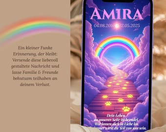 Tarjeta digital del Puente Arcoíris | Tarjeta personalizada en memoria de tu mascota | Tarjeta de condolencia para perros y gatos | Plantilla descargable de Canva