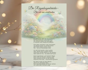 Poema del Puente Arcoíris | Regalo de condolencia para amantes de los animales | Imagen conmemorativa para mascotas fallecidas | Póster | Impresión digital para descarga inmediata