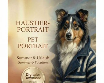 Retrato personalizado de mascota para vacaciones de verano | Descarga digital de retratos de mascotas | Retrato de perro y gato | Regalo de retrato de mascota