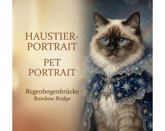 Retrato de mascota Rainbow Bridge en estilo de pintura al óleo, memorial de una mascota fallecida, animal disfrazado, regalo para amantes de los animales