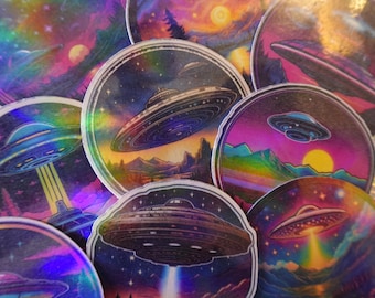 10 Paquete de pegatinas holográficas de ovnis, pegatinas para computadora portátil, botellas de agua, pegatinas de planificador, pegatinas, pegatinas alienígenas, vibraciones cósmicas, REGALO GRATIS