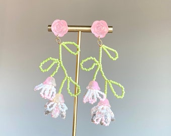 Cute Pink Floral Dangle Earrings,Sterling Silver Pins, Beaded Dangle Earrings, Summer Colorful Earrings, Gift for Her, Birthday Holiday Gift