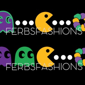 May include: Two rows of Pac-Man characters with a purple and green ghost on the left, a yellow Pac-Man on the right, and a purple and green donut-shaped object in the middle. The text "FERBSFASHIONS" is below each row.