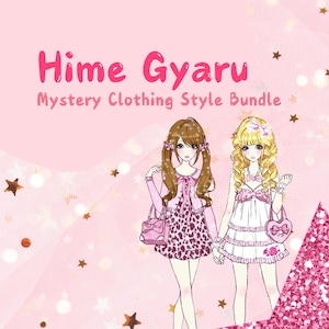 Könnte beinhalten: Illustration von zwei Mädchen im Anime-Stil in rosa Outfits, die sich an den Händen halten. Der Text "Hime Gyaru Mystery Clothing Style Bundle" ist in Rosa dargestellt. Der Hintergrund ist rosa mit Glitzer und Sternen.